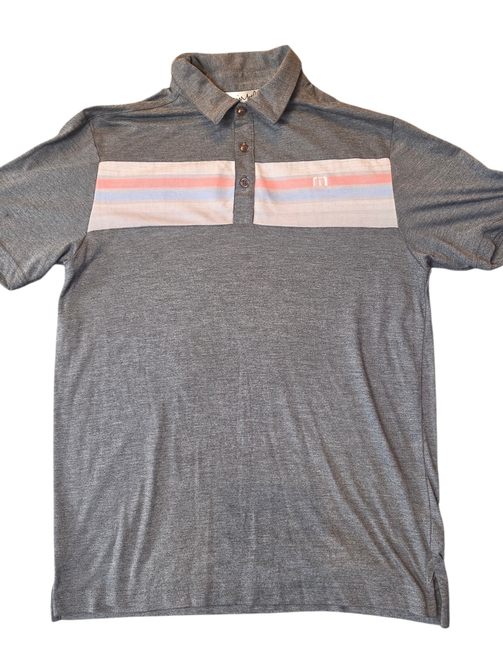 Travis Mathew Mens Polo Small Gray Pink and Light Blue Chest Stripes Preppy